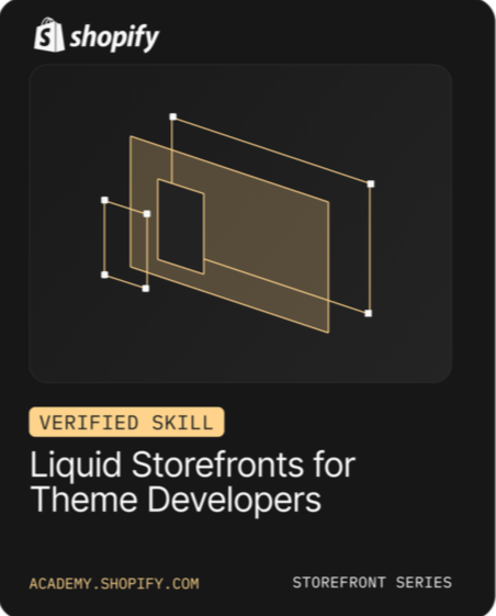 Shopify branded image for Liquid Storefronts for Theme Developers with a black background and gold accents.