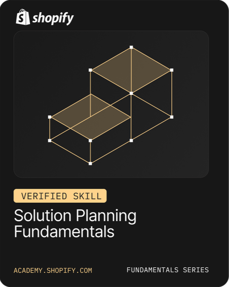 Shopify branded certification badge for 'Solution Planning Fundamentals' on a black background